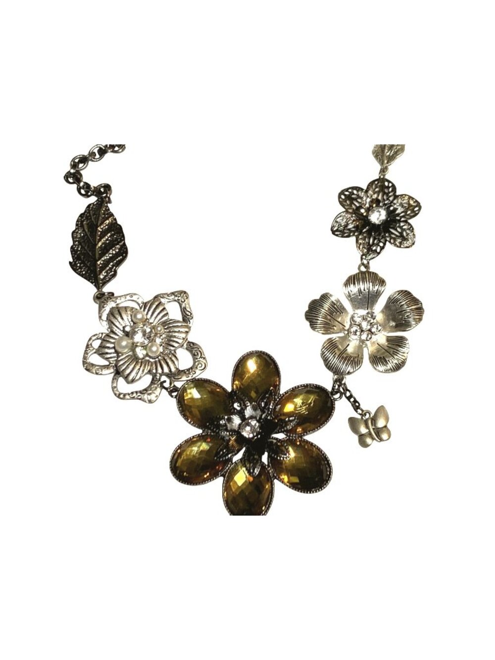 Floral Rhinestone Statement Necklace Asymmetrical Floral and Leaf Pattern
